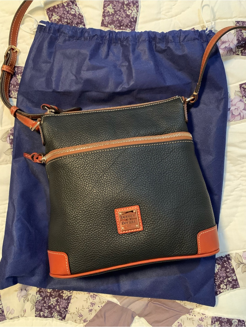GENUINE Dooney & Bourke Black Pebbled Leather Crossbody with Brown Trim